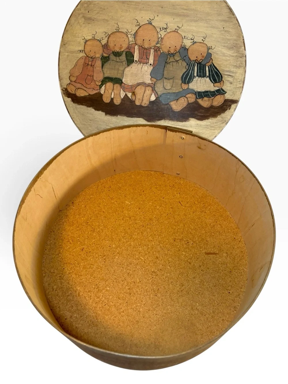 Vintage Bentwood Cheese Box Round Wooden Pantry Box Folk Art Painted Rag Dolls